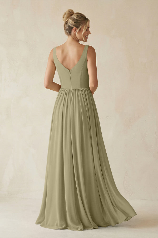 V - Neck Chiffon A - Line Long Bridesmaid Dress in Thyme - SHE IS ME Bridesmaid Dresses