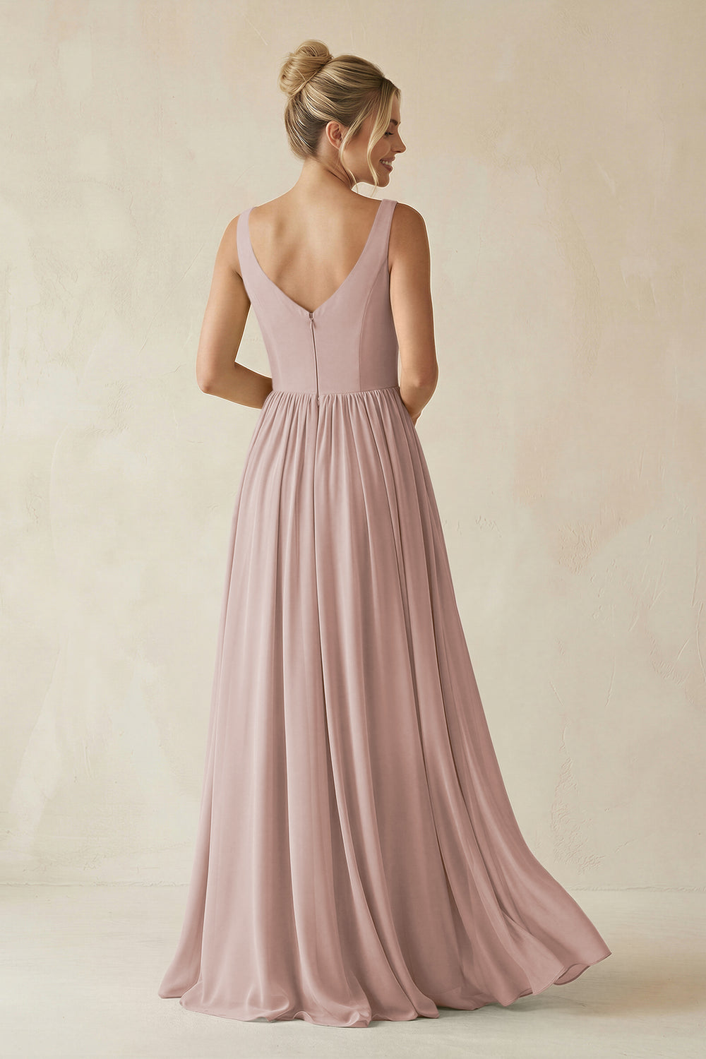 V-Neck Chiffon A-Line Long Bridesmaid Dress in Toffee