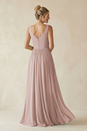 V-Neck Chiffon A-Line Long Bridesmaid Dress in Toffee (2) | KISSBRIDAL