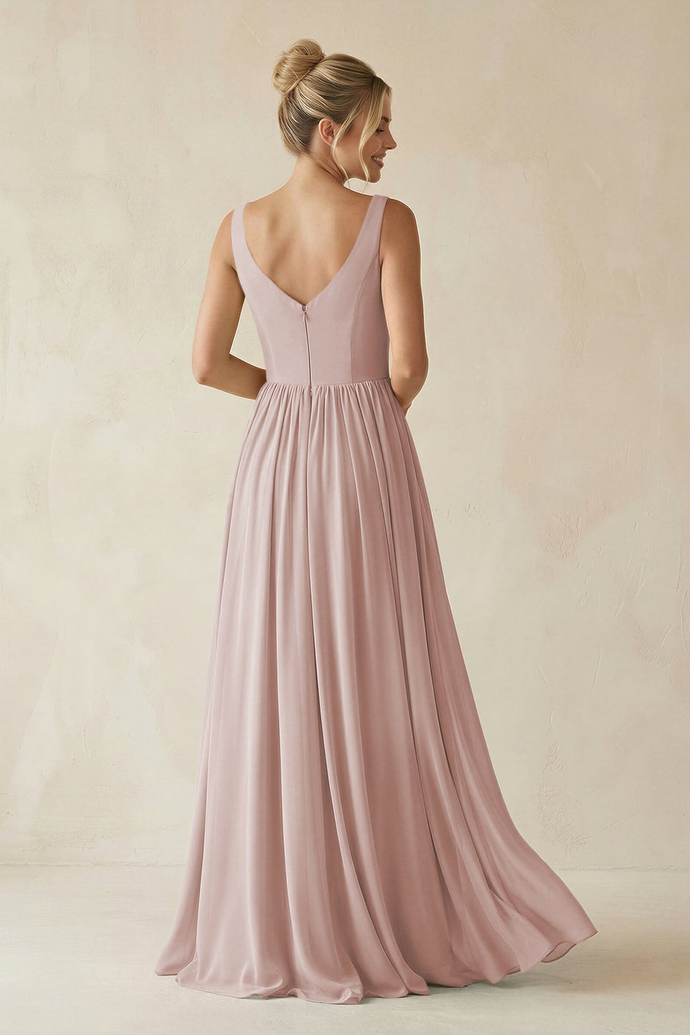 V - Neck Chiffon A - Line Long Bridesmaid Dress in Toffee - KISS BRIDAL Bridesmaid Dresses