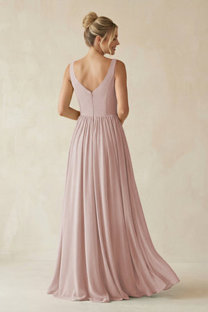 V - Neck Chiffon A - Line Long Bridesmaid Dress in Toffee - SHE IS ME Bridesmaid Dresses
