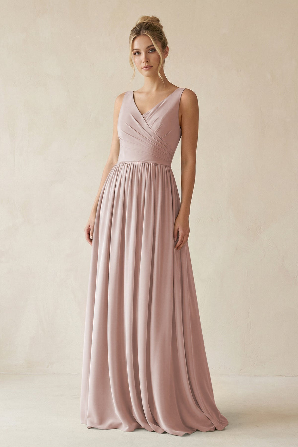 V - Neck Chiffon A - Line Long Bridesmaid Dress in Toffee - KISS BRIDAL Bridesmaid Dresses