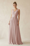 V - Neck Chiffon A - Line Long Bridesmaid Dress in Toffee - SHE IS ME Bridesmaid Dresses