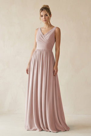 V - Neck Chiffon A - Line Long Bridesmaid Dress in Toffee - SHE IS ME Bridesmaid Dresses