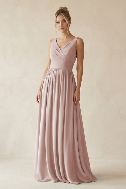 V - Neck Chiffon A - Line Long Bridesmaid Dress in Toffee - SHE IS ME Bridesmaid Dresses