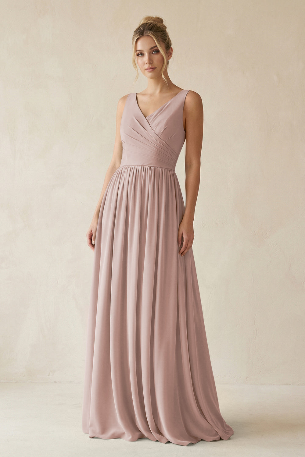 V-Neck Chiffon A-Line Long Bridesmaid Dress in Toffee