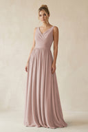 V-Neck Chiffon A-Line Long Bridesmaid Dress in Toffee | KISSBRIDAL