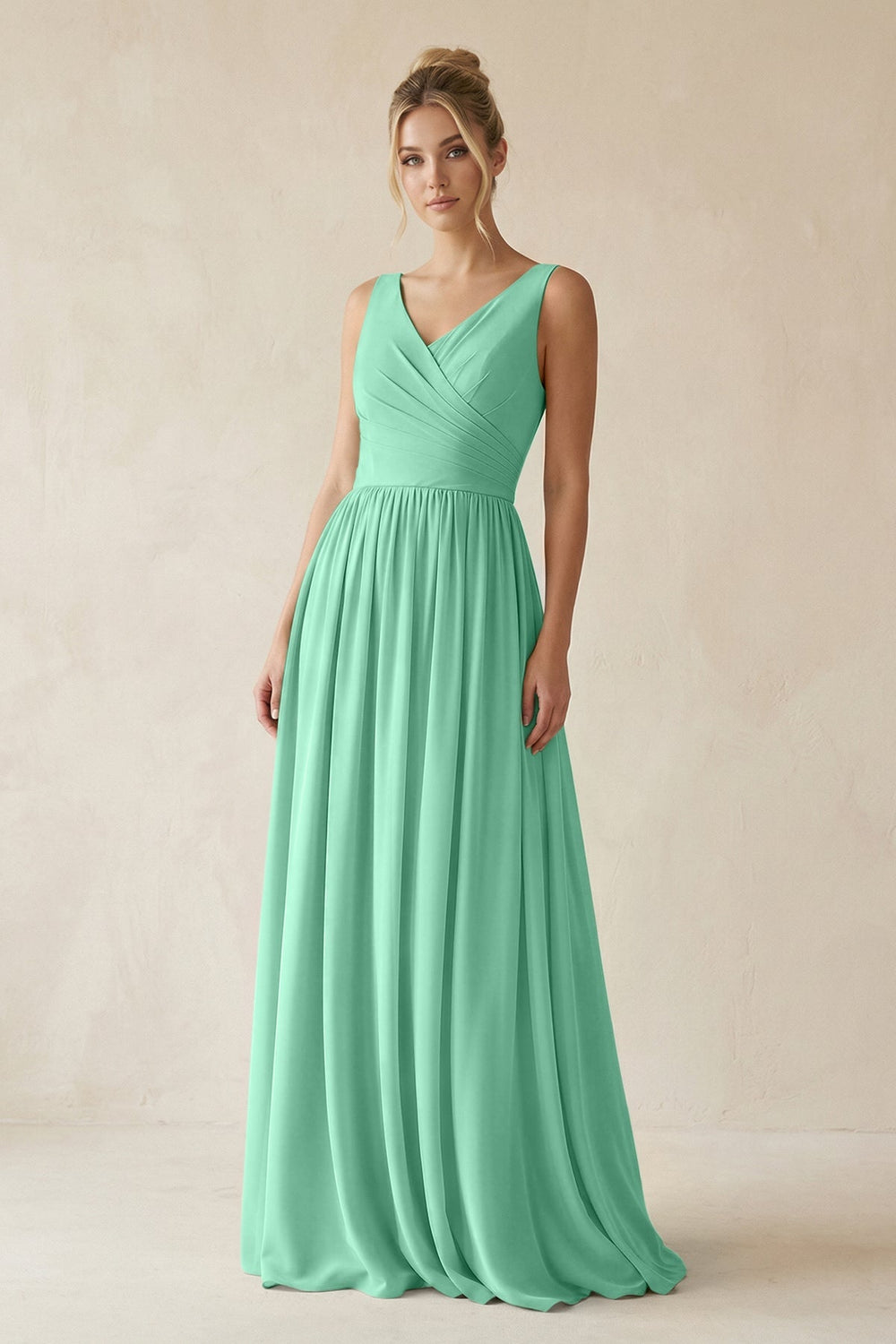 V - Neck Chiffon A - Line Long Bridesmaid Dress in Turquoise - KISS BRIDAL Bridesmaid Dresses