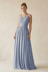 V - Neck Chiffon A - Line Long Bridesmaid Dress in Twilight - KISS BRIDAL Bridesmaid Dresses