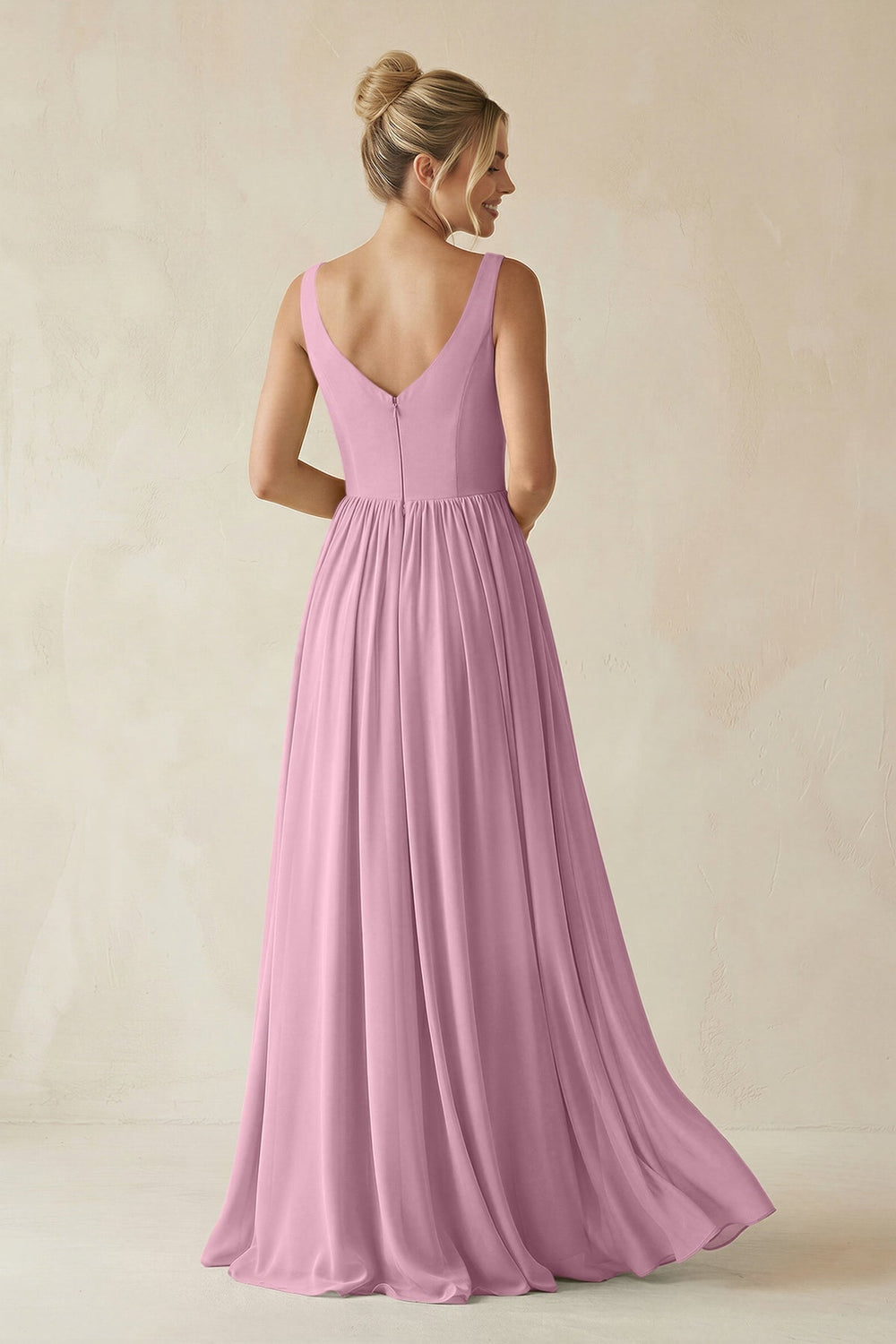 V - Neck Chiffon A - Line Long Bridesmaid Dress in Vintage Mauve - KISS BRIDAL Bridesmaid Dresses