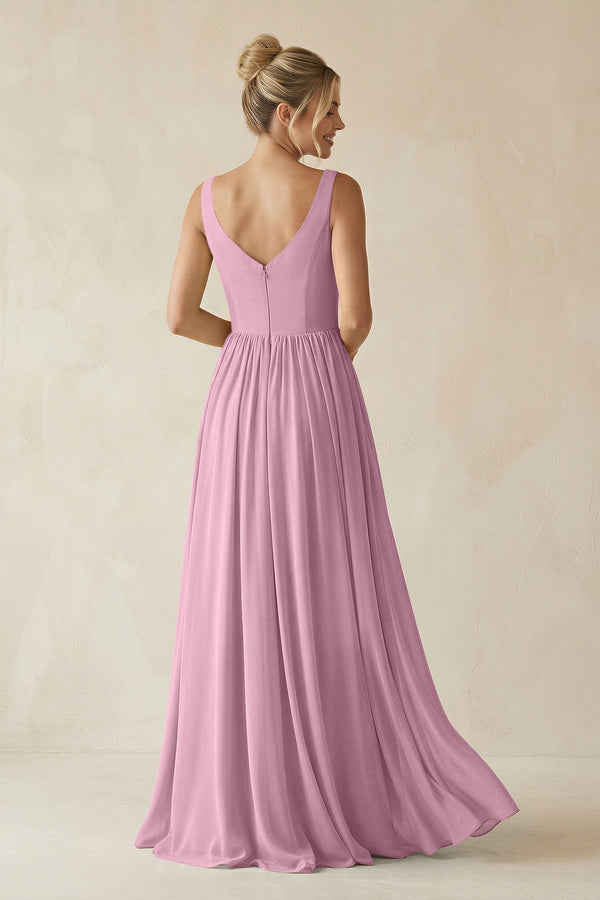V - Neck Chiffon A - Line Long Bridesmaid Dress in Vintage Mauve - SHE IS ME Bridesmaid Dresses