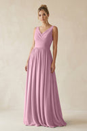 V - Neck Chiffon A - Line Long Bridesmaid Dress in Vintage Mauve - SHE IS ME Bridesmaid Dresses