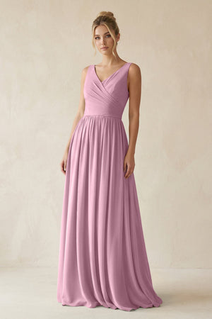 V - Neck Chiffon A - Line Long Bridesmaid Dress in Vintage Mauve - SHE IS ME Bridesmaid Dresses