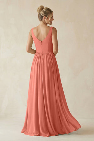 V - Neck Chiffon A - Line Long Bridesmaid Dress in Wild Rose - SHE IS ME Bridesmaid Dresses