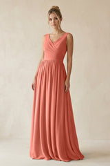 V - Neck Chiffon A - Line Long Bridesmaid Dress in Wild Rose - KISS BRIDAL Bridesmaid Dresses