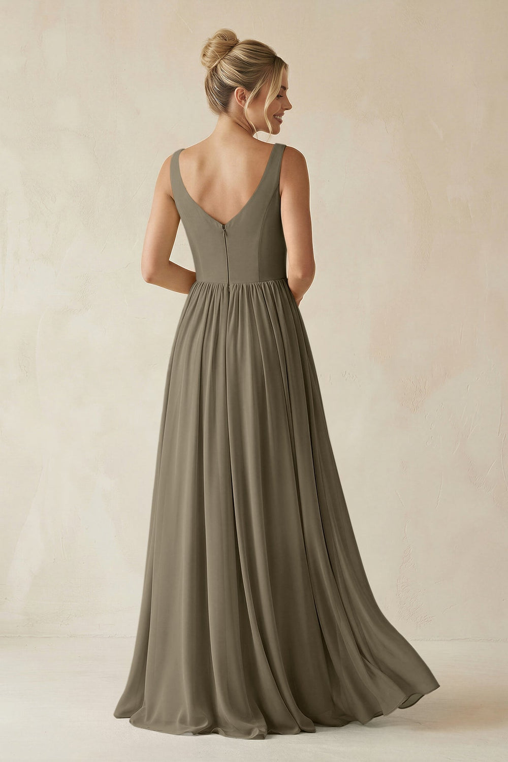 V - Neck Chiffon A - Line Long Bridesmaid Dress in Willow Green - KISS BRIDAL Bridesmaid Dresses