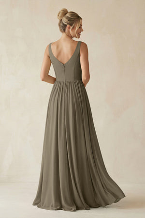 V - Neck Chiffon A - Line Long Bridesmaid Dress in Willow Green - SHE IS ME Bridesmaid Dresses