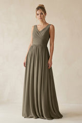 V - Neck Chiffon A - Line Long Bridesmaid Dress in Willow Green - KISS BRIDAL Bridesmaid Dresses