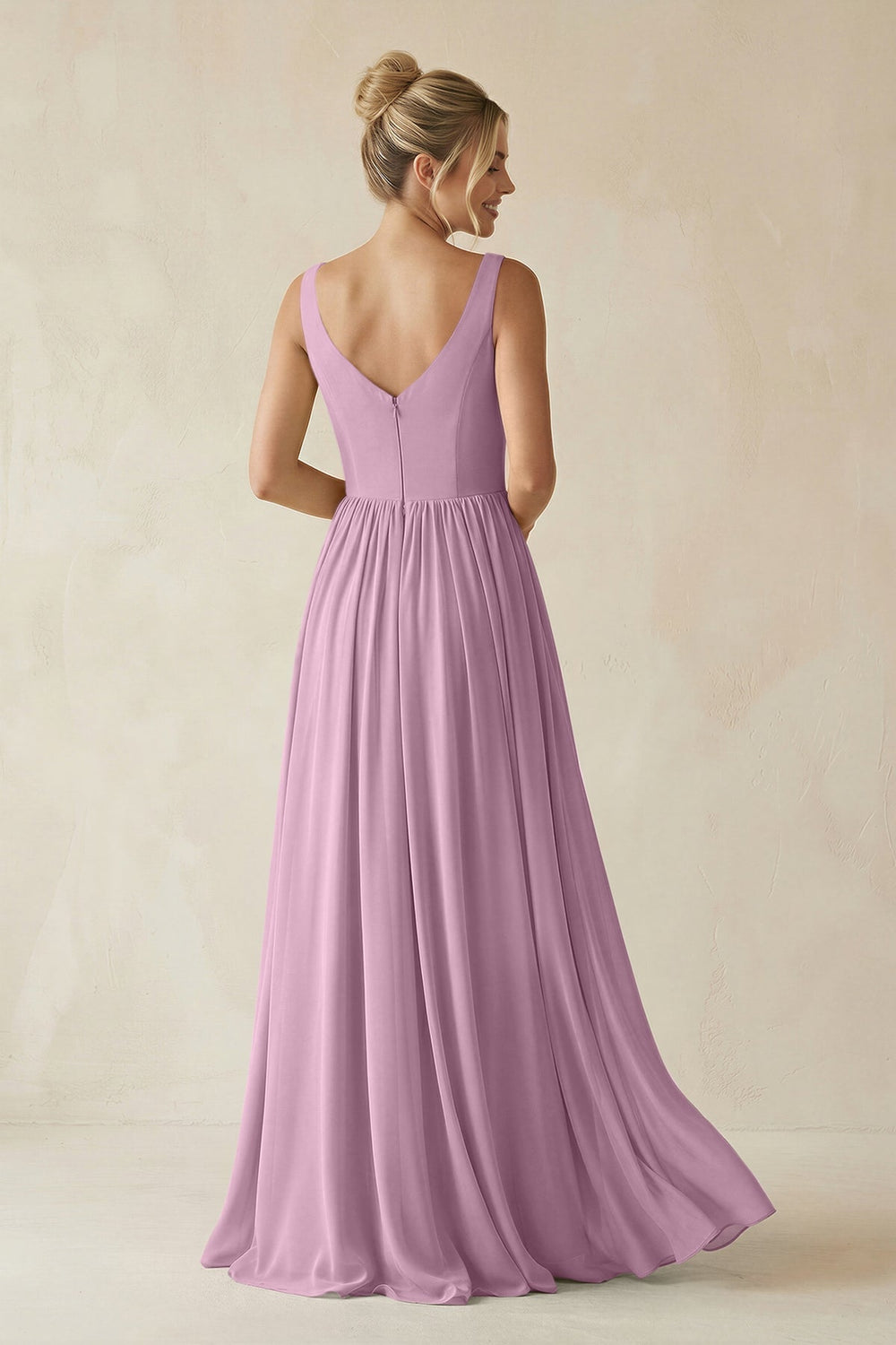 V - Neck Chiffon A - Line Long Bridesmaid Dress in Wisteria - KISS BRIDAL Bridesmaid Dresses