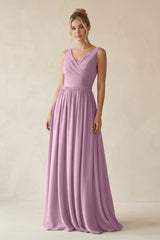 V - Neck Chiffon A - Line Long Bridesmaid Dress in Wisteria - KISS BRIDAL Bridesmaid Dresses