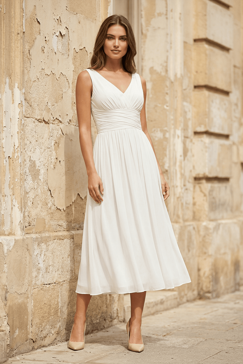 V - Neck Chiffon A - Line Midi Wedding Dress in White - KISS BRIDAL Wedding Dresses