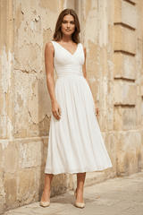 V - Neck Chiffon A - Line Midi Wedding Dress in White - KISS BRIDAL Wedding Dresses