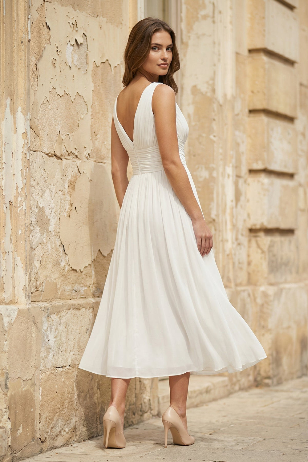 V - Neck Chiffon A - Line Midi Wedding Dress in White - KISS BRIDAL Wedding Dresses