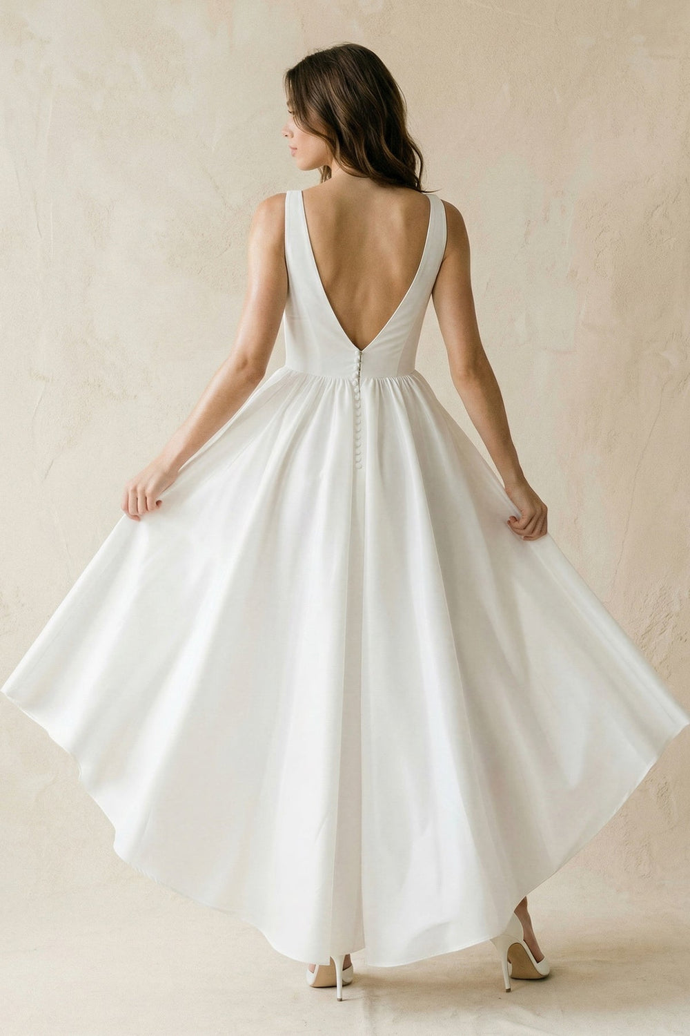 V - Neck Chiffon High - Low Chiffon Wedding Dress in White - KISS BRIDAL Wedding Dresses