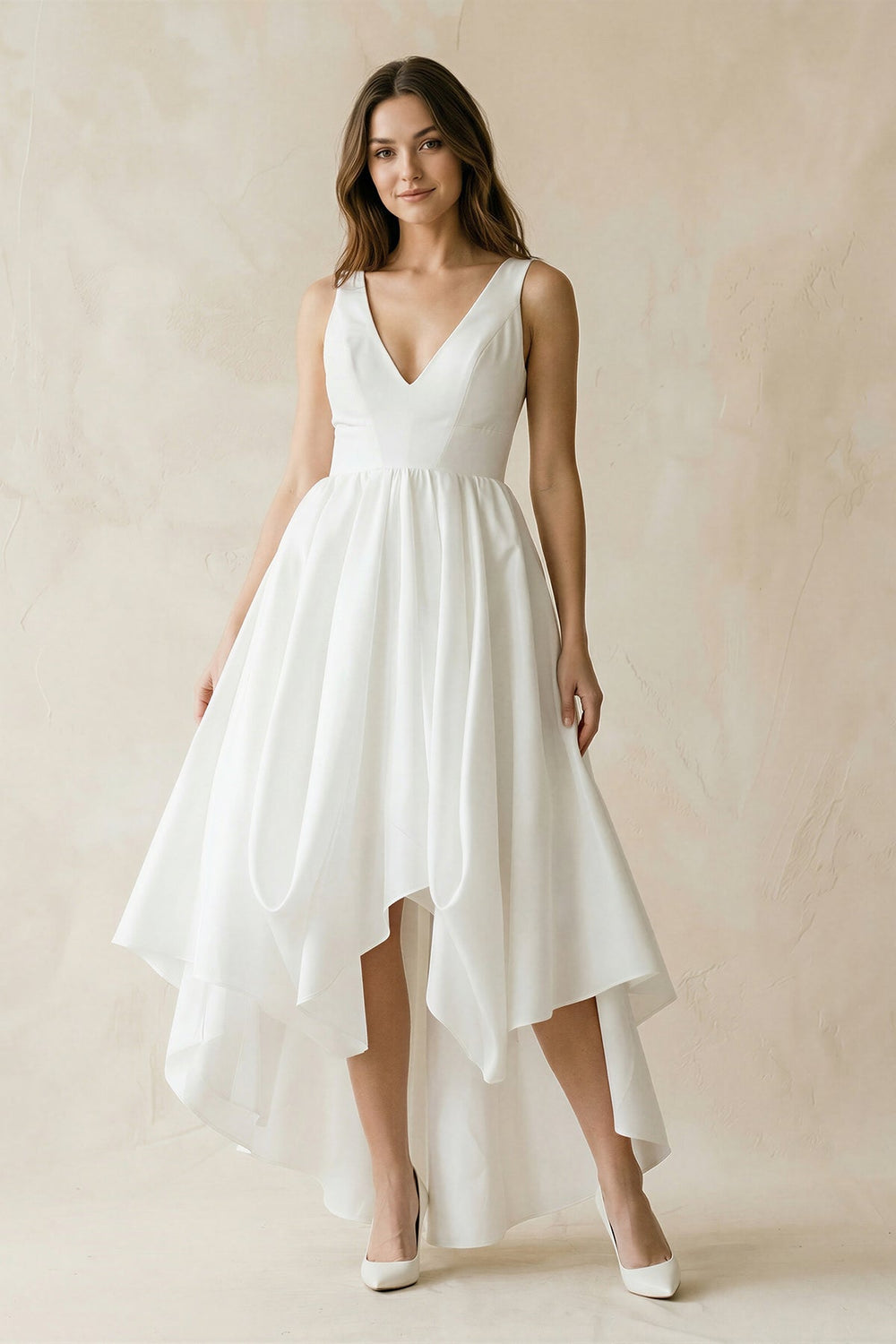 V - Neck Chiffon High - Low Chiffon Wedding Dress in White - KISS BRIDAL Wedding Dresses