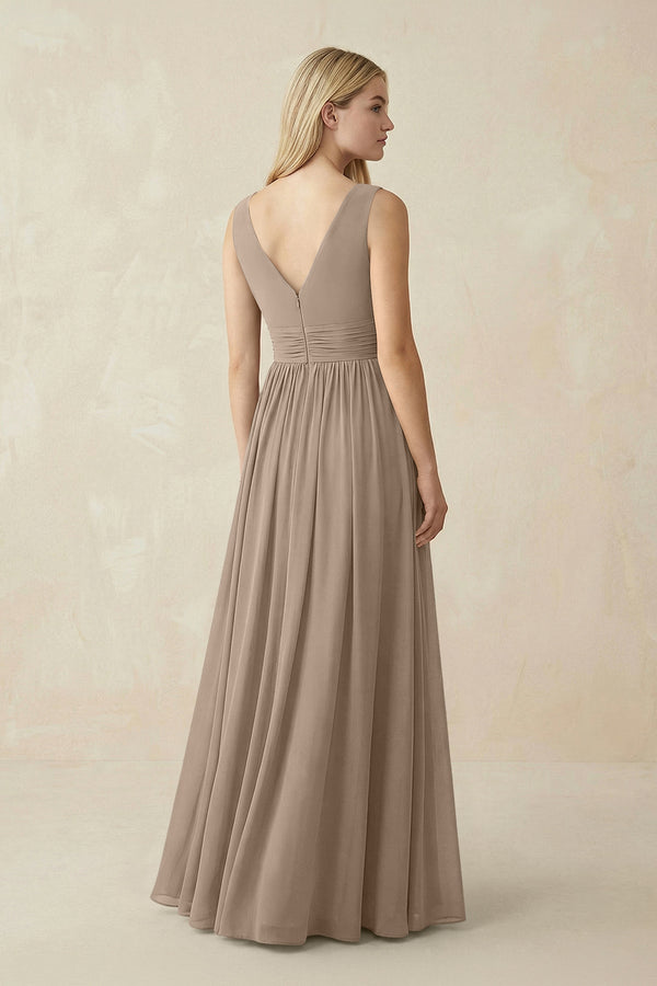 V-Neck Chiffon Pleated A-Line Bridesmaid Dress in Almond (2) | KISSBRIDAL