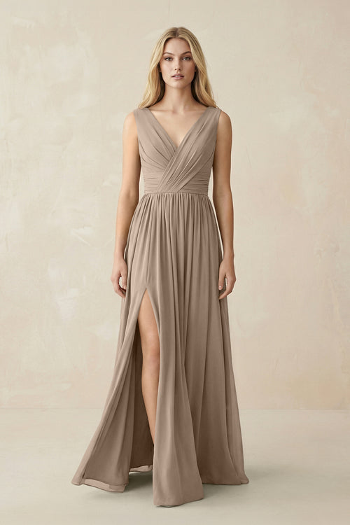 V-Neck Chiffon Pleated A-Line Bridesmaid Dress in Almond | KISSBRIDAL