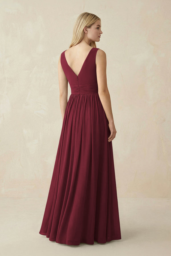 V-Neck Chiffon Pleated A-Line Bridesmaid Dress in Berry (2) | KISSBRIDAL