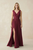 V-Neck Chiffon Pleated A-Line Bridesmaid Dress in Berry | KISSBRIDAL