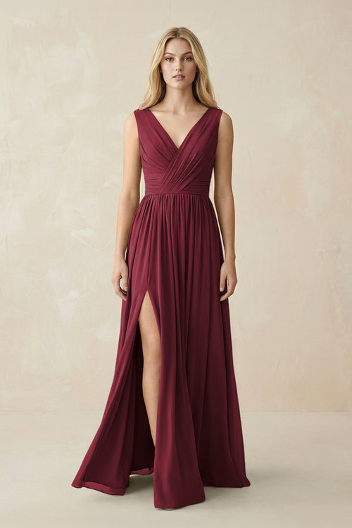V-Neck Chiffon Pleated A-Line Bridesmaid Dress in Berry | KISSBRIDAL