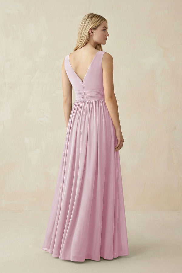 V-Neck Chiffon Pleated A-Line Bridesmaid Dress in Candy Pink (2) | KISSBRIDAL