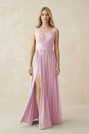 V-Neck Chiffon Pleated A-Line Bridesmaid Dress in Candy Pink | KISSBRIDAL