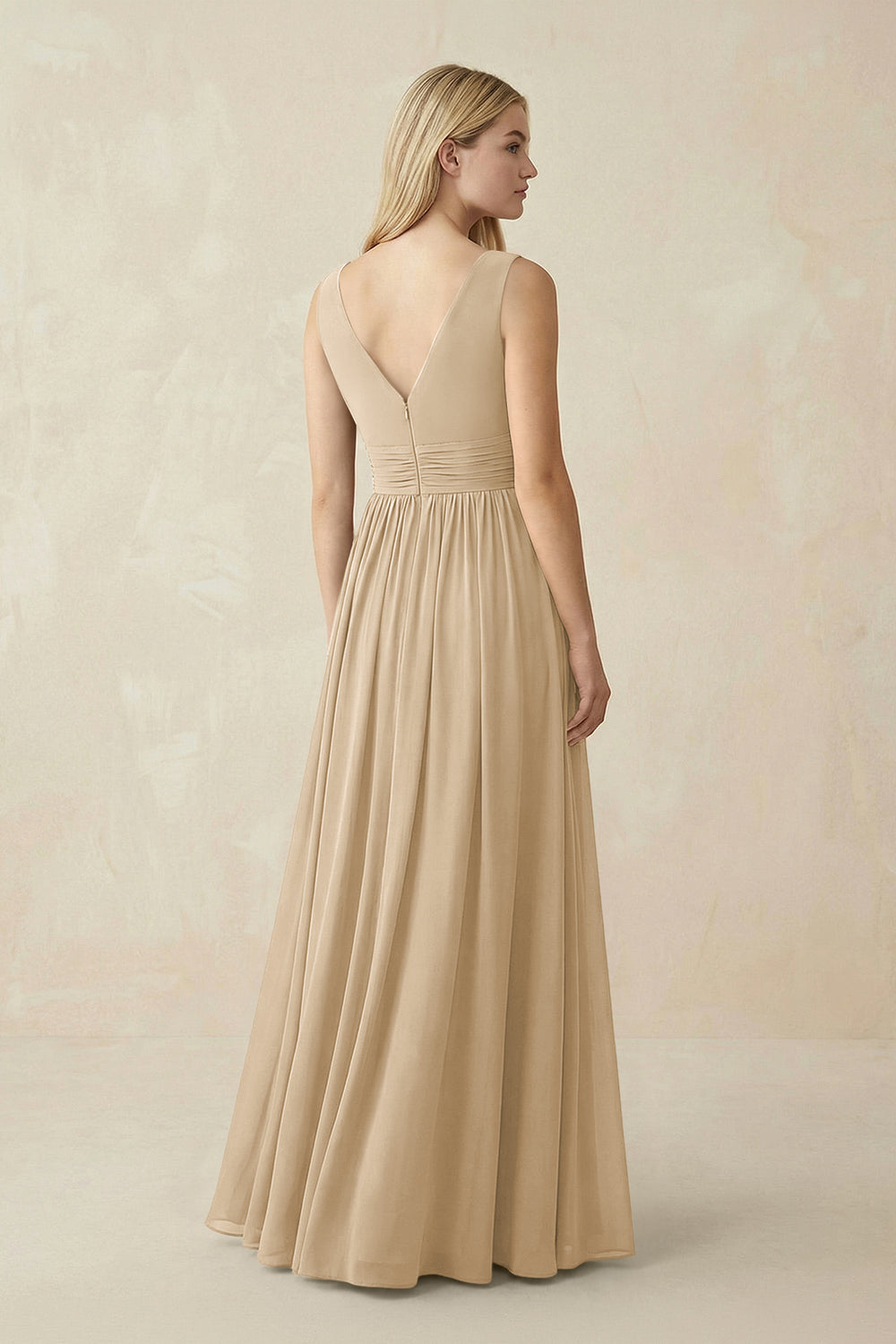 V-Neck Chiffon Pleated A-Line Bridesmaid Dress in Champagne