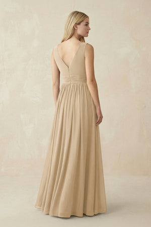 V-Neck Chiffon Pleated A-Line Bridesmaid Dress in Champagne (2) | KISSBRIDAL