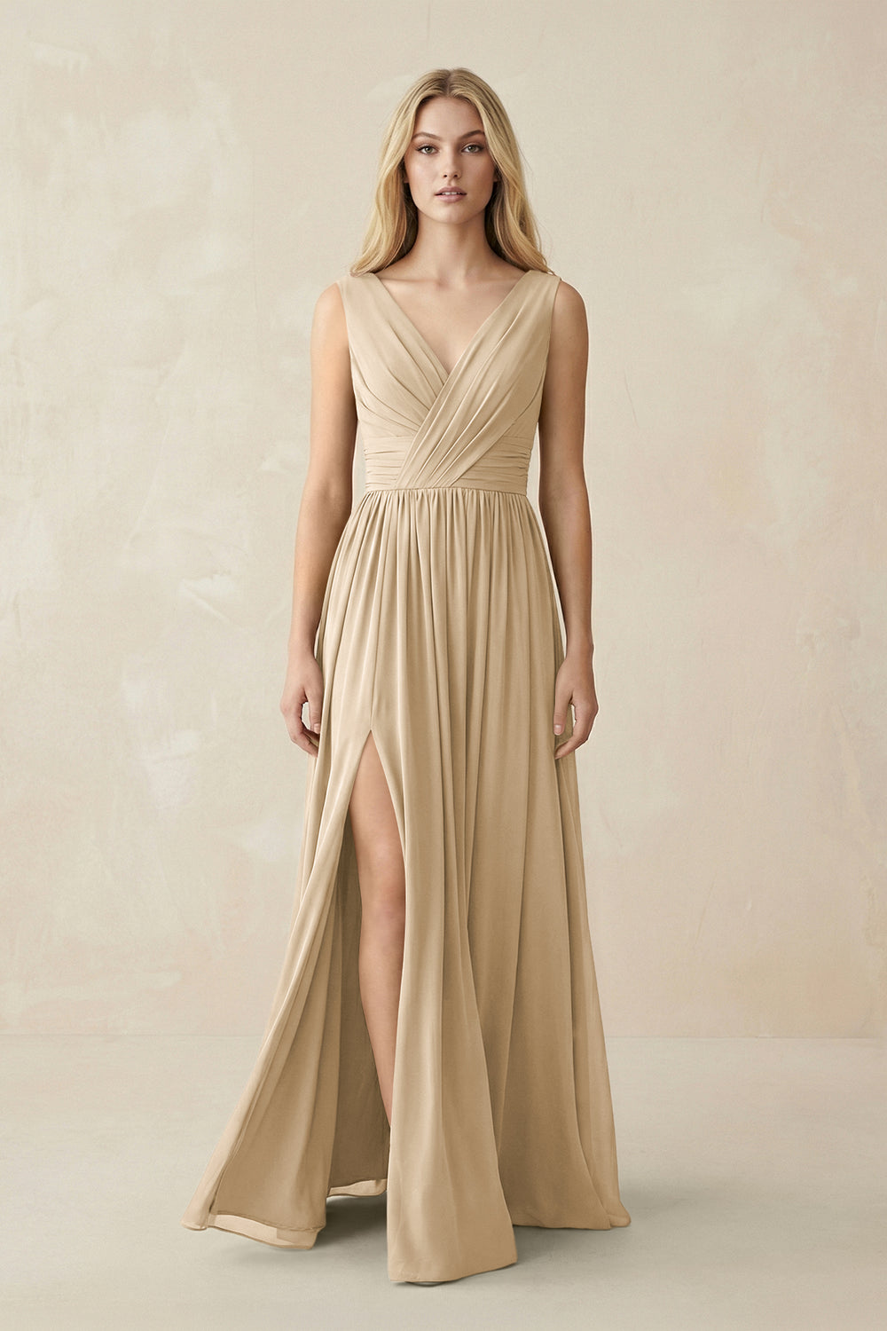 V-Neck Chiffon Pleated A-Line Bridesmaid Dress in Champagne