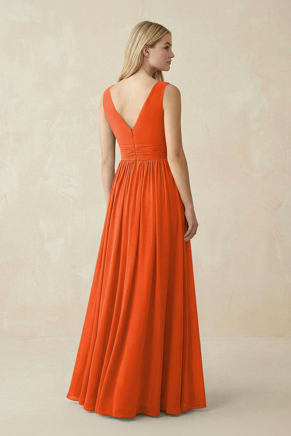 V-Neck Chiffon Pleated A-Line Bridesmaid Dress in Cinnamon (2) | KISSBRIDAL