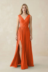 V-Neck Chiffon Pleated A-Line Bridesmaid Dress in Cinnamon | KISSBRIDAL