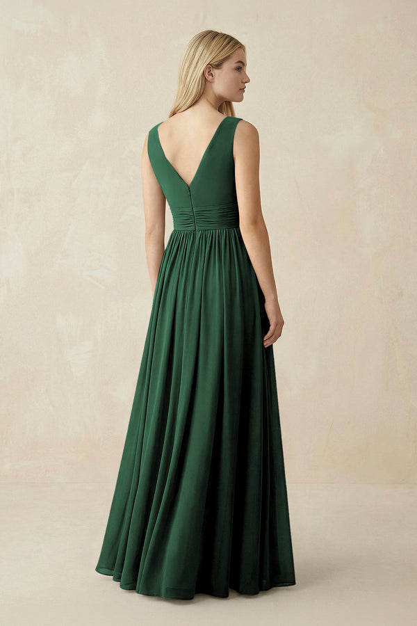 V-Neck Chiffon Pleated A-Line Bridesmaid Dress in Dark Green (2) | KISSBRIDAL