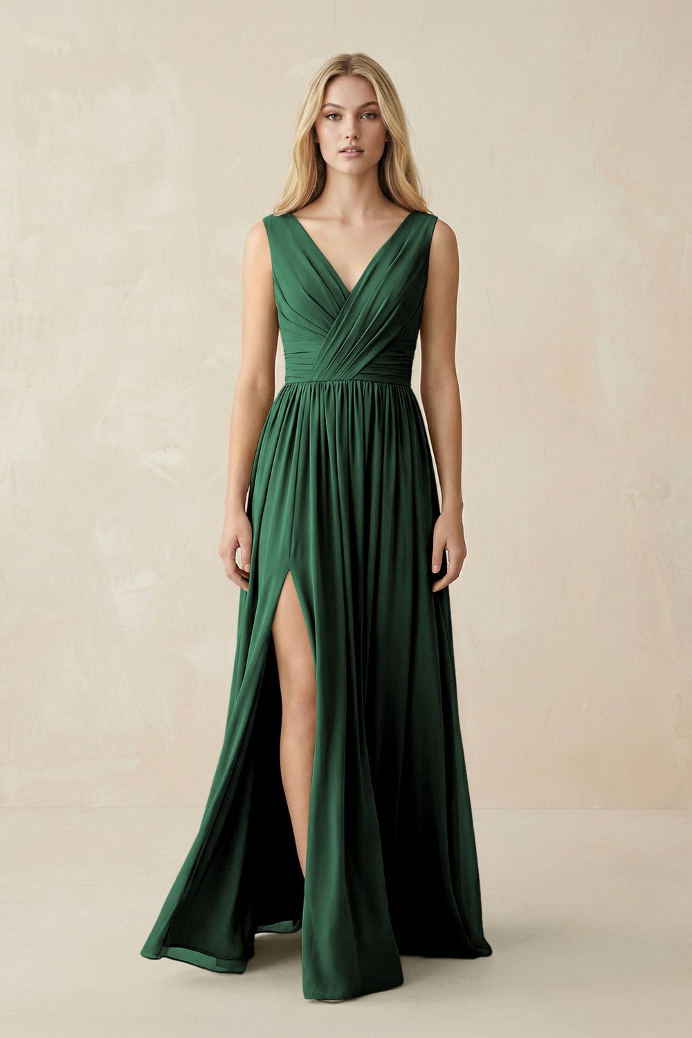 V-Neck Chiffon Pleated A-Line Bridesmaid Dress in Dark Green