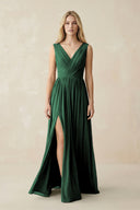 V-Neck Chiffon Pleated A-Line Bridesmaid Dress in Dark Green | KISSBRIDAL