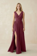 V-Neck Chiffon Pleated A-Line Bridesmaid Dress in Desert Rose | KISSBRIDAL