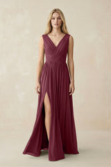 V-Neck Chiffon Pleated A-Line Bridesmaid Dress in Desert Rose | KISSBRIDAL