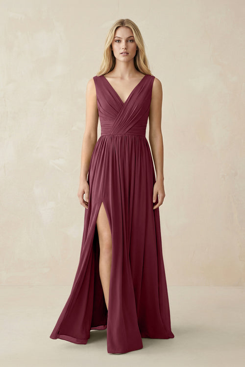 V-Neck Chiffon Pleated A-Line Bridesmaid Dress in Desert Rose | KISSBRIDAL