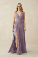 V-Neck Chiffon Pleated A-Line Bridesmaid Dress in Dusk | KISSBRIDAL