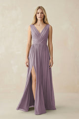 V-Neck Chiffon Pleated A-Line Bridesmaid Dress in Dusk | KISSBRIDAL