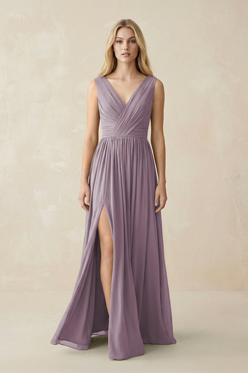 V-Neck Chiffon Pleated A-Line Bridesmaid Dress in Dusk | KISSBRIDAL